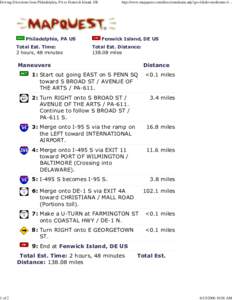 Driving Directions from Philadelphia, PA to Fenwick Island, DE  1 of 2 Philadelphia, PA US Total Est. Time: