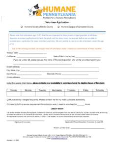 Volunteer Application  Humane Society of Berks County   Humane League of Lancaster County