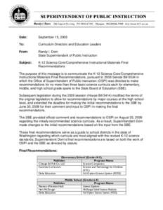 K-12 Science Core/Comprehensive Instructional Materials Final Recommendations Page 1 September 16, 2009 Date: