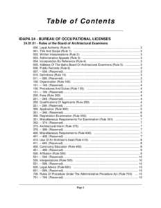 Ta b l e o f C o n t e n t s IDAPA 24 - BUREAU OF OCCUPATIONAL LICENSES[removed]Rules of the Board of Architectural Examiners 000. Legal Authority (Rule 0). ............................................................