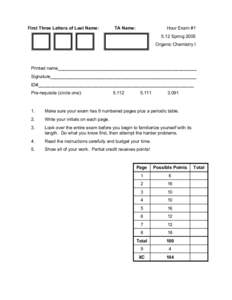 First Three Letters of Last Name:  Hour Exam #1 TA Name: