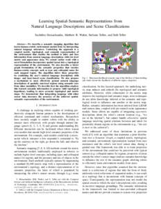 Learning Spatial-Semantic Representations from Natural Language Descriptions and Scene Classifications Sachithra Hemachandra, Matthew R. Walter, Stefanie Tellex, and Seth Teller Abstract— We describe a semantic mapping