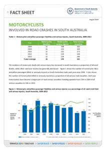 FACT SHEET August 2014 MOTORCYCLISTS INVOLVED IN ROAD CRASHES IN SOUTH AUSTRALIA Table 1 – Motorcyclist and pillion passenger fatalities and serious injuries, South Australia, [removed]