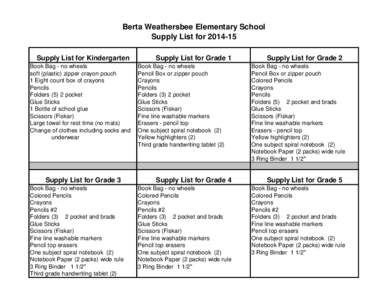 Berta Weathersbee Elementary School Supply List for[removed]Supply List for Kindergarten Book Bag - no wheels soft (plastic) zipper crayon pouch 1 Eight count box of crayons
