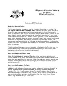 Ellington Historical Society P.O. Box 73 Ellington, Conn[removed]September 2009 Newsletter September Meeting Notice