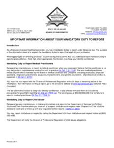 Family therapy / Abuse / Confidentiality / Delaware / Physician / Health care provider / Health / Medicine / Mandated reporter / Ethics / Child abuse / Crimes