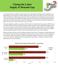 Closing the Labor Supply & Demand Gap A disconnection between employers and job seekers is prevalent in Missouri. While certain occupations are in high demand, many job seekers are seeking employment in other fields. In 