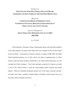 TESTIMONY OF  GRANT STAFNE, FORT PECK TRIBAL EXECUTIVE BOARD, ASSINIBOINE AND SIOUX TRIBES OF THE FORT PECK RESERVATION BEFORE THE