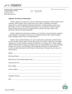 Criminal Justice Training Council Vermont Police Academy 317 Academy Road Pittsford, VT[removed]www.vcjtc.state.vt.us
