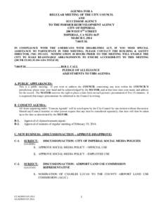 AGENDA FOR A REGULAR MEETING OF THE CITY COUNCIL AND SUCCESSOR AGENCY TO THE FORMER REDEVELOPMENT AGENCY CITY OF IMPERIAL