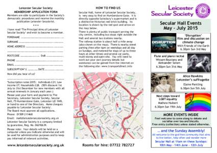 Leicester Secular Society MEMBERSHIP APPLICATION FORM Members are able to participate in the Society’s democratic procedures and receive the monthly publication Leicester Secularist.