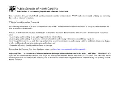 This document is designed to help North Carolina educators teach the Common Core. NCDPI staff are continually updating and improving these tools to better serve teachers. 7th Grade Math Curriculum Crosswalk The following
