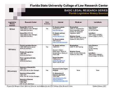 Florida State University College of Law Research Center BASIC LEGAL RESEARCH SERIES Florida Legislative History Sources Legislative History