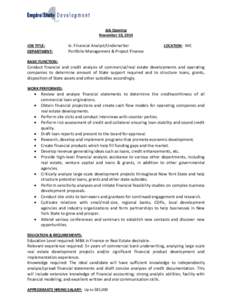 Job Opening November 10, 2014 JOB TITLE: DEPARTMENT:  Sr. Financial Analyst/Underwriter