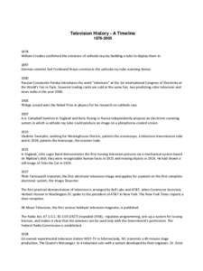 Television History - A Timeline[removed]William Crookes confirmed the existence of cathode rays by building a tube to display them in. 1897