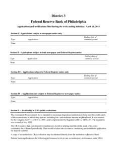 District 3 Federal Reserve Bank of Philadelphia Applications and notifications filed during the week ending Saturday, April 18, 2015 Section I – Applications subject to newspaper notice only Type