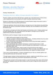 News Release Minister Jennifer Rankine Minister for Education and Child Development Thursday, 13 November, 2014