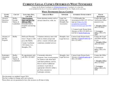 CURRENT LEGAL CLINICS OFFERED IN WEST TENNESSEE Contact the Pro Bono Coordinator at [removed] if you know of a clinic that is not included in this list or if you have updated information for the list. Thank yo