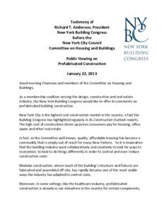 Testimony of Richard T. Anderson, President New York Building Congress before the New York City Council Committee on Housing and Buildings