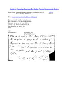 Southern Campaign American Revolution Pension Statements & Rosters Bounty Land Warrant information relating to Joel Pasley VAS142 Transcribed by Will Graves [From bounty land records in the Library of Virginia] This is t