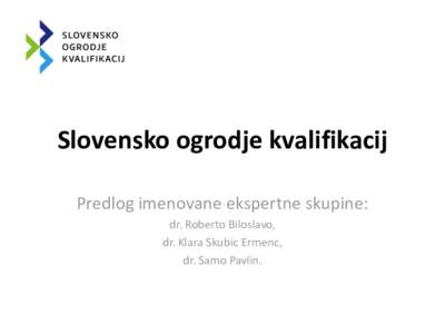 Slovensko ogrodje kvalifikacij Predlog imenovane ekspertne skupine: dr. Roberto Biloslavo, dr. Klara Skubic Ermenc, dr. Samo Pavlin.