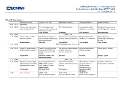 ECMWF/EUMETSAT Training Course Assimilation of Satellite Data (NWP-SAF[removed]March 2015 DRAFT Timetable 09:00 – 09:30