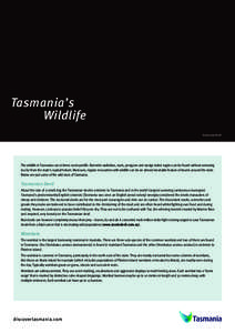 Tasmania’s 			 Wildlife Tasmanian Devil The wildlife in Tasmania can at times seem prolific. Bennetts wallabies, seals, penguins and wedge-tailed eagles can be found without venturing too far from the state’s capital