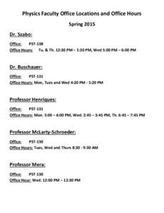 Physics Faculty Office Locations and Office Hours Spring 2015 Dr. Szabo: Office: PST-138 Office Hours: Tu. & Th. 12:30 PM – 1:30 PM, Wed 5:00 PM – 6:00 PM