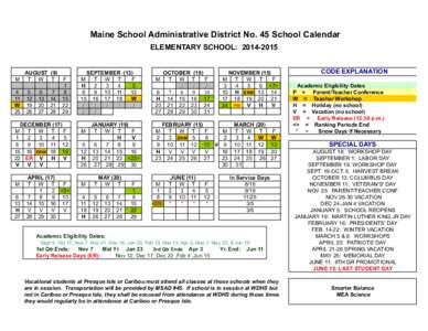 Maine School Administrative District No. 45 School Calendar ELEMENTARY SCHOOL: [removed]M  AUGUST (9)