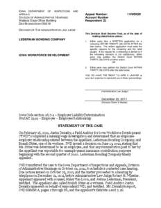 LEDERMAN BONDING COMPANY Vs. IOWA WORKFORCE DEVELOPMENT - 11IWD020 - December 22, 2011
