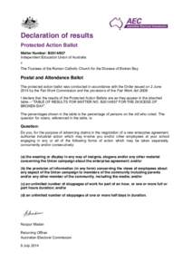 Declaration of results Protected Action Ballot Matter Number: B2014/837 Independent Education Union of Australia v The Trustees of the Roman Catholic Church for the Diocese of Broken Bay