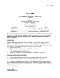OR - 1 of 22  OREGON SUMMARIES OF EXTERIOR QUARANTINES April 2014 State of Oregon