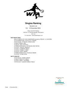 Singles Ranking Numeric List For: 10 November 2003