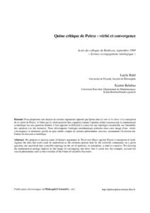 Quine critique de Peirce : vérité et convergence  Actes du colloque de Barbizon, septembre 1999 « Science et engagement ontologique »  Layla Raïd