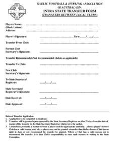 GAELIC FOOTBALL & HURLING ASSOCIATION Of AUSTRALASIA INTRA STATE TRANSFER FORM (TRANSFERS BETWEEN LOCAL CLUBS) Players Name: