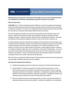 FDA Drug Safety Communication: FDA requires label changes to warn of risk for possibly permanent nerve damage from antibacterial fluoroquinolone drugs taken by mouth or by injection Safety Announcement