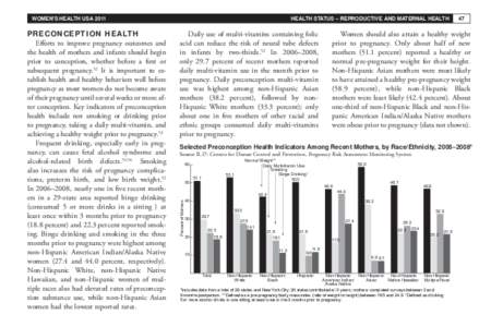 WOMEN’S HEALTH USADaily use of multi-vitamins containing folic acid can reduce the risk of neural tube defects in infants by two-thirds.52 In 2006–2008, only 29.7 percent of recent mothers reported