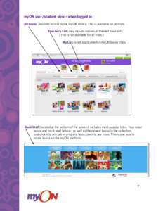 myON user/student view – when logged in All books: provides access to the myON library. This is available for all trials. Teacher’s List: may include individual themed book sets. (This is not available for all trials