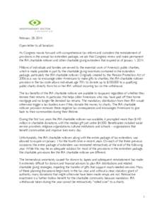 February 28, 2014 Open letter to all Senators: As Congress moves forward with comprehensive tax reform and considers the reinstatement of provisions in the annual tax extenders package, we ask that Congress renew and mak