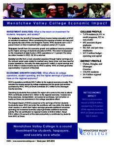 Wenatchee Valley College Economic Impact INVESTMENT ANALYSIS: What is the return on investment for students, taxpayers, and society? For students, the benefit of increased future income makes education at WVC an excellen