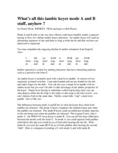 What’s all this iambic keyer mode A and B stuff, anyhow ? by Chuck Olson, WB9KZY (With apologies to Bob Pease) Mode A and B refer to the way that a Morse code keyer handles iambic (squeeze) keying so first, let’s def