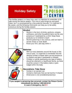 Holiday Safety The holiday season is a busy time, and it is important to remember to be safe during this festive season. This time of year brings joy and good cheer, but it is accompanied by a few potential hazards. It i