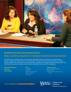 Students have two concentration choices:  Mass Communication or Interpersonal Communication The Department of Communication at the University of Delaware offers a strong theory and research-based program coupled with ski