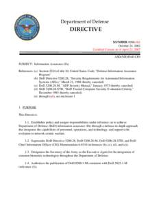 DoD Directive 8500.01E, October 24, 2002; Certified Current as of April 23, 2007