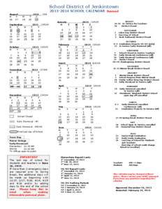 School District of Jenkintown[removed]SCHOOL CALENDAR Revised August _________ 2013__ (0)4 M T