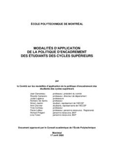 ÉCOLE POLYTECHNIQUE DE MONTRÉAL  MODALITÉS D’APPLICATION DE LA POLITIQUE D’ENCADREMENT DES ÉTUDIANTS DES CYCLES SUPÉRIEURS