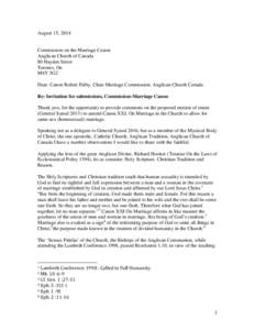 August 15, 2014  Commission on the Marriage Canon Anglican Church of Canada 80 Hayden Street Toronto, On