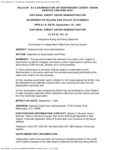 NCUA IRPS[removed]Examination of Independent Credit Union Service Centers 09/81