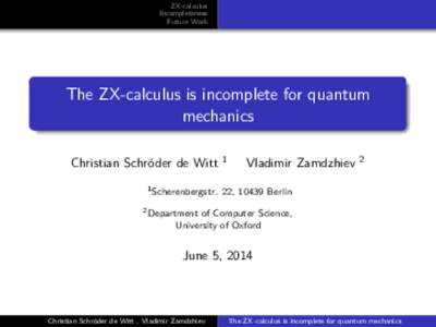 ZX-calculus Incompleteness Future Work The ZX-calculus is incomplete for quantum mechanics