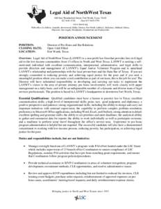 Legal Aid of NorthWest Texas 600 East Weatherford Street, Fort Worth, Texas[removed]4740 (fax[removed]www.lanwt.org With offices in Abilene, Amarillo, Brownwood, Dallas, Denton, Fort Worth, Lubbock, McKinney,